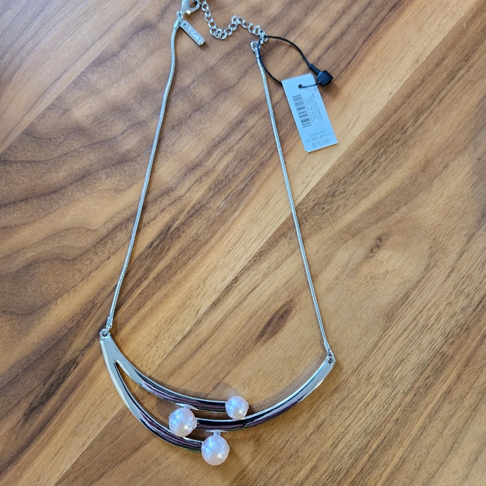 White House Black Market Silver Necklace with Pink Faux Pearls NWT